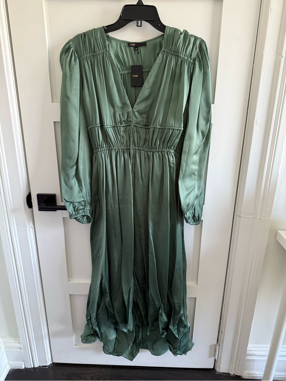 Maje Sage Green Satin Long Sleeve Midi Dress